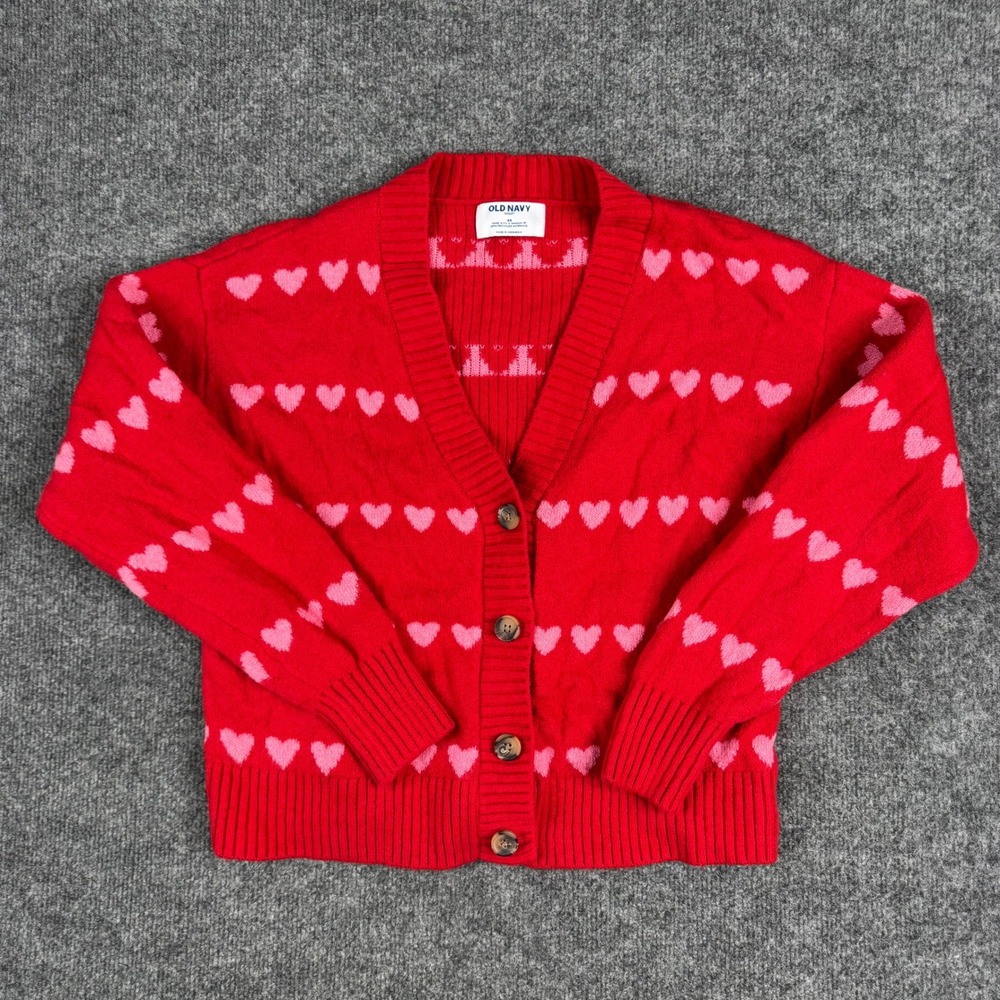 Old Navy Cardigan Womens XS Red Heart Print SoSoft Knit Button Front Sweater